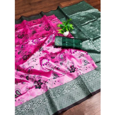 Women's Banarasi Jacquard Printed Saree With Unstitched Blouse 5.5Mtr (DPink)