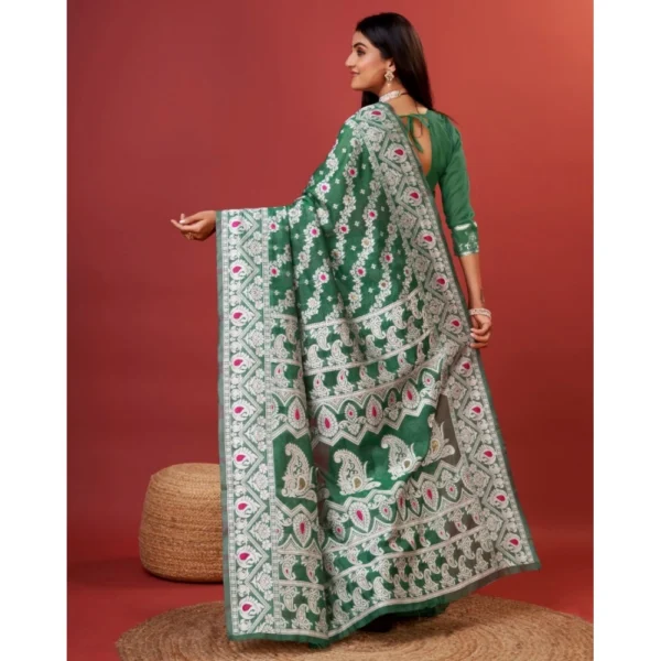 Women's Cotton Silk Printed Saree With Unstitched Blouse 5.5Mtr (Green) - Image 4
