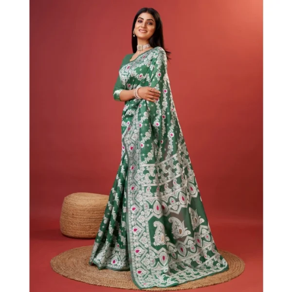 Women's Cotton Silk Printed Saree With Unstitched Blouse 5.5Mtr (Green) - Image 3