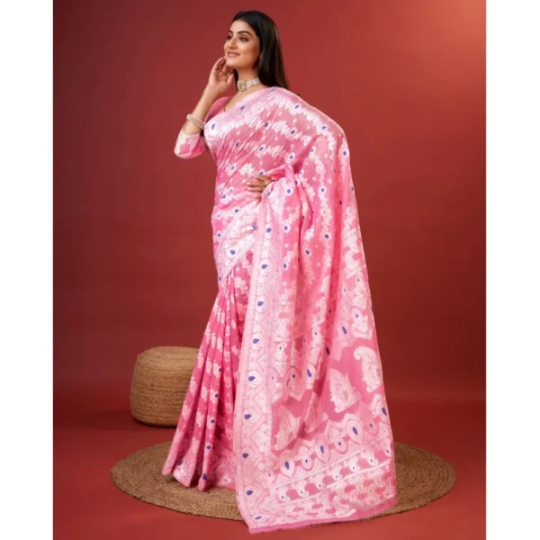 Women's Cotton Silk Printed Saree With Unstitched Blouse 5.5Mtr (Pink) - Image 3