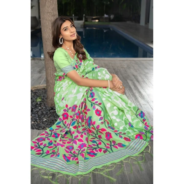  Women's Cotton Printed Saree With Unstitched Blouse (Green, 5-6 Mtrs) - Image 3