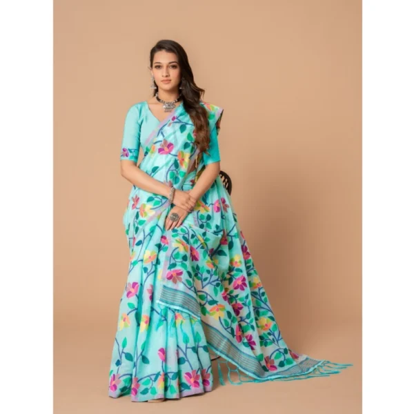  Women's Cotton Printed Saree With Unstitched Blouse (Sky Blue, 5-6 Mtrs) - Image 2