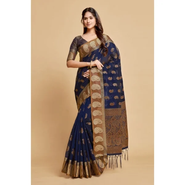  Women's Chanderi Cotton Printed Saree With Unstitched Blouse (Navy Blue, 5-6 Mtrs) - Image 2