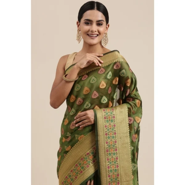  Women's Organza Printed Saree With Unstitched Blouse (Mahendi, 5-6 Mtrs) - Image 2
