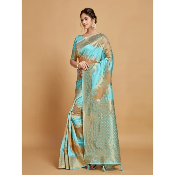  Women's Linen Printed Saree With Unstitched Blouse (Sky Blue, 5-6 Mtrs) - Image 5