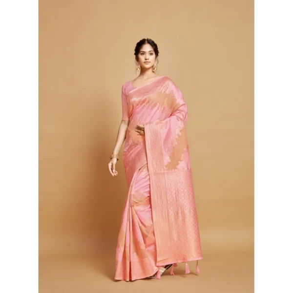  Women's Linen Printed Saree With Unstitched Blouse (Pink, 5-6 Mtrs) - Image 2