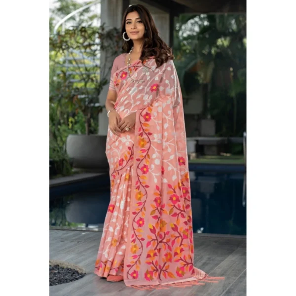  Women's Cotton Printed Saree With Unstitched Blouse (Peach, 5-6 Mtrs)