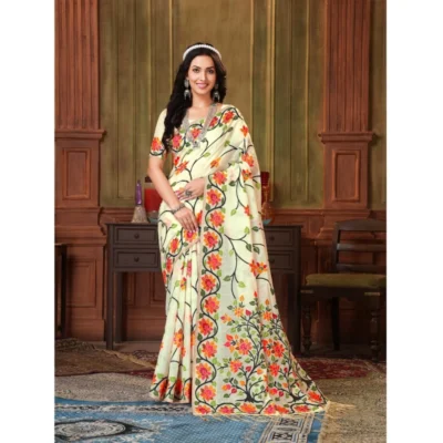  Women's Organza Printed Saree With Unstitched Blouse (White, 5-6 Mtrs)