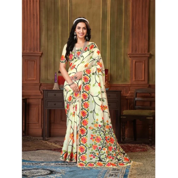  Women's Organza Printed Saree With Unstitched Blouse (White, 5-6 Mtrs)