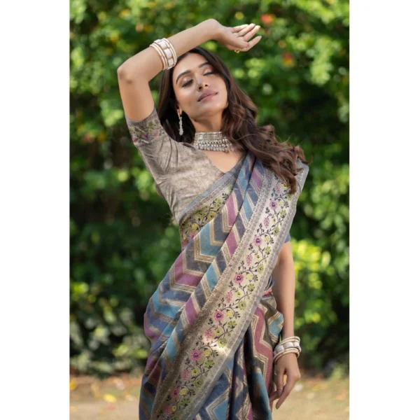  Women's Organza Printed Saree With Unstitched Blouse (Teal, 5-6 Mtrs) - Image 3