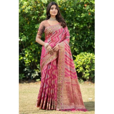  Women's Organza Printed Saree With Unstitched Blouse (Pink, 5-6 Mtrs)