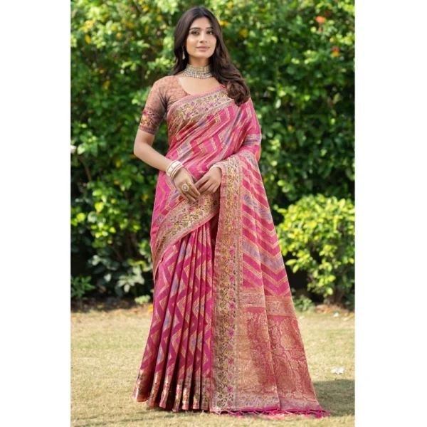  Women's Organza Printed Saree With Unstitched Blouse (Pink, 5-6 Mtrs)