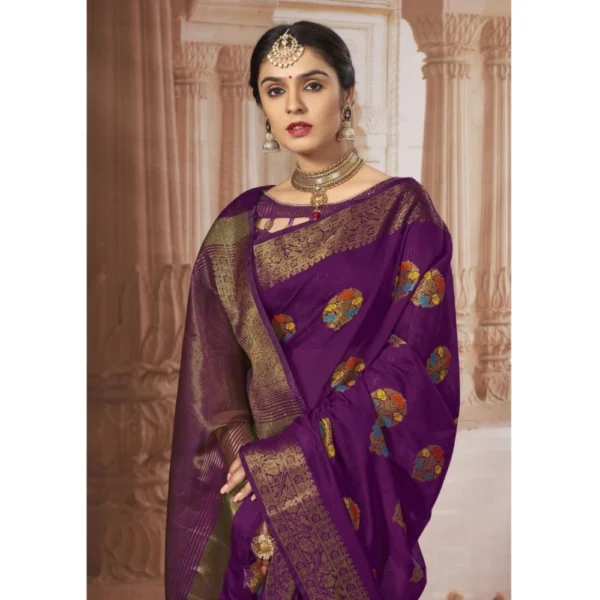 Women's Chanderi Cotton Printed Saree With Unstitched Blouse (Purple, 5-6 Mtrs) - Image 2