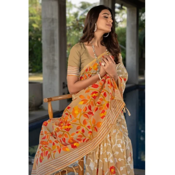  Women's Cotton Printed Saree With Unstitched Blouse (Beige, 5-6 Mtrs) - Image 4