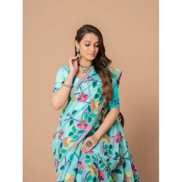  Women's Cotton Printed Saree With Unstitched Blouse (Sky Blue, 5-6 Mtrs) - Image 5