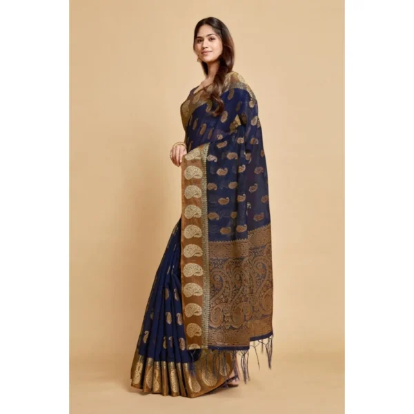  Women's Chanderi Cotton Printed Saree With Unstitched Blouse (Navy Blue, 5-6 Mtrs) - Image 3