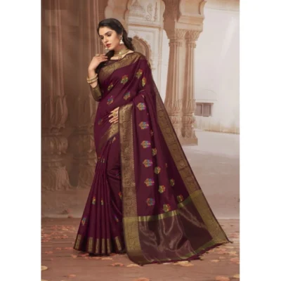  Women's Chanderi Cotton Printed Saree With Unstitched Blouse (Maroon, 5-6 Mtrs)