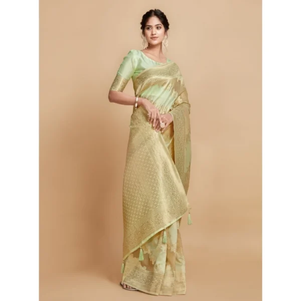  Women's Linen Printed Saree With Unstitched Blouse (Pista, 5-6 Mtrs) - Image 4