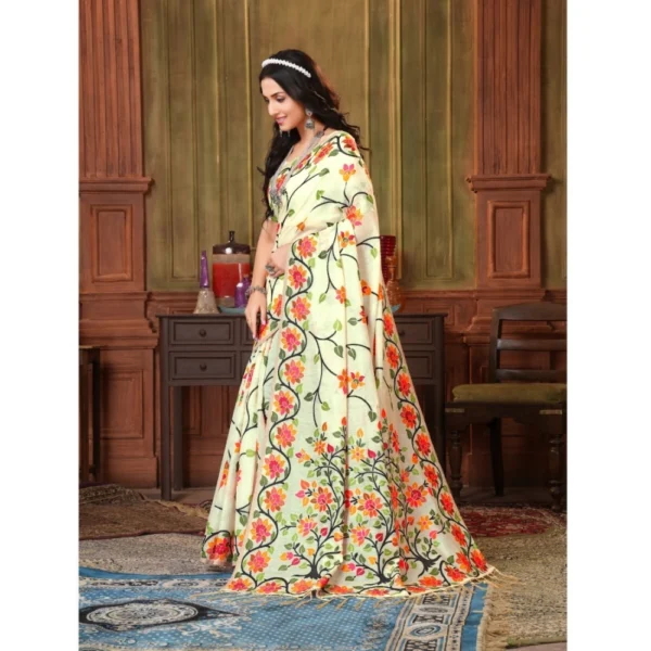  Women's Organza Printed Saree With Unstitched Blouse (White, 5-6 Mtrs) - Image 3