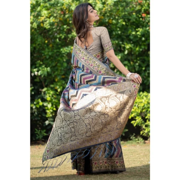  Women's Organza Printed Saree With Unstitched Blouse (Teal, 5-6 Mtrs) - Image 2