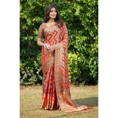  Women's Organza Printed Saree With Unstitched Blouse (Orange, 5-6 Mtrs)