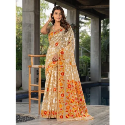  Women's Cotton Printed Saree With Unstitched Blouse (Beige, 5-6 Mtrs)