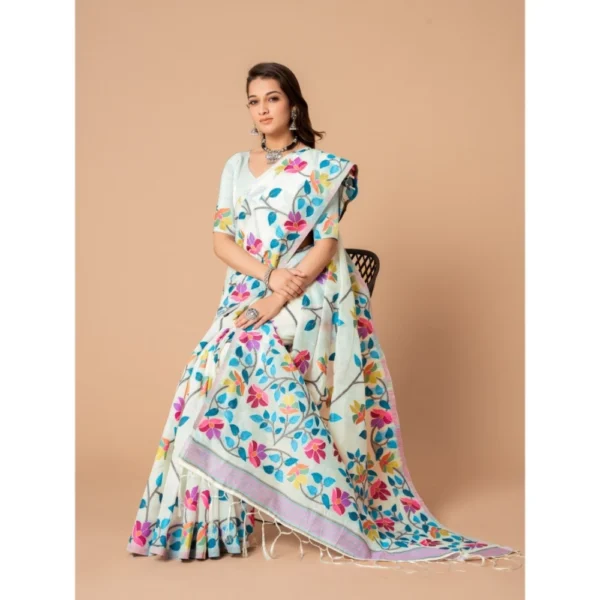  Women's Cotton Printed Saree With Unstitched Blouse (White, 5-6 Mtrs) - Image 2