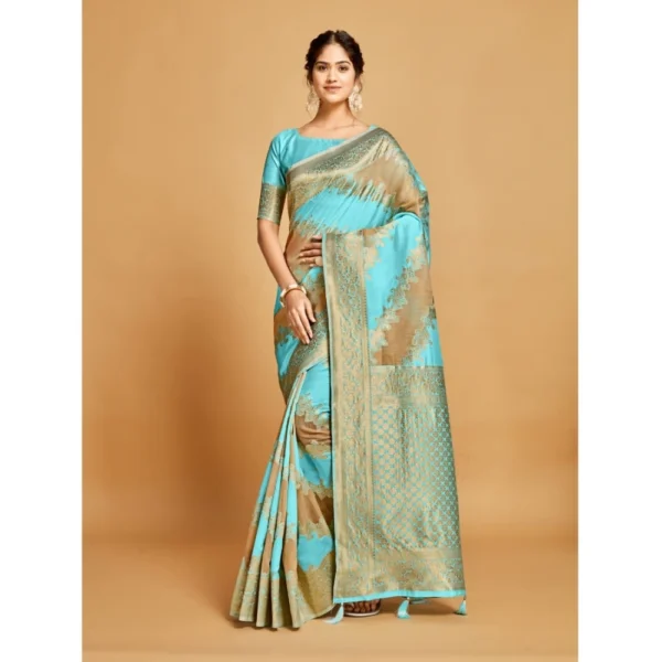  Women's Linen Printed Saree With Unstitched Blouse (Sky Blue, 5-6 Mtrs) - Image 2