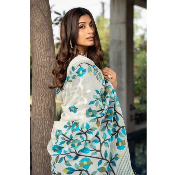  Women's Cotton Printed Saree With Unstitched Blouse (White, 5-6 Mtrs) - Image 2