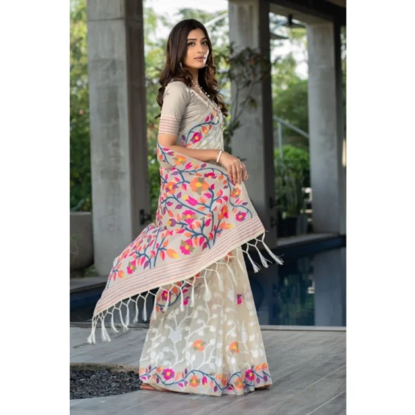  Women's Cotton Printed Saree With Unstitched Blouse (Off-White, 5-6 Mtrs) - Image 2