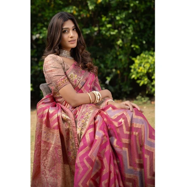  Women's Organza Printed Saree With Unstitched Blouse (Pink, 5-6 Mtrs) - Image 4