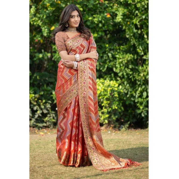  Women's Organza Printed Saree With Unstitched Blouse (Orange, 5-6 Mtrs) - Image 2
