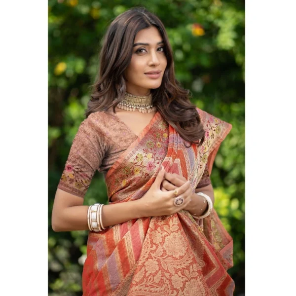 Women's Organza Printed Saree With Unstitched Blouse (Orange, 5-6 Mtrs) - Image 4
