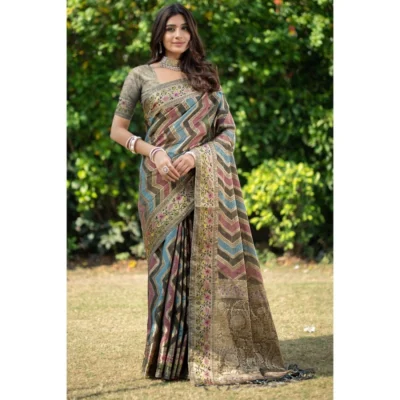  Women's Organza Printed Saree With Unstitched Blouse (Grey, 5-6 Mtrs)