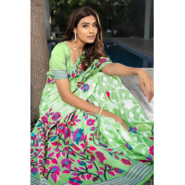  Women's Cotton Printed Saree With Unstitched Blouse (Green, 5-6 Mtrs) - Image 4
