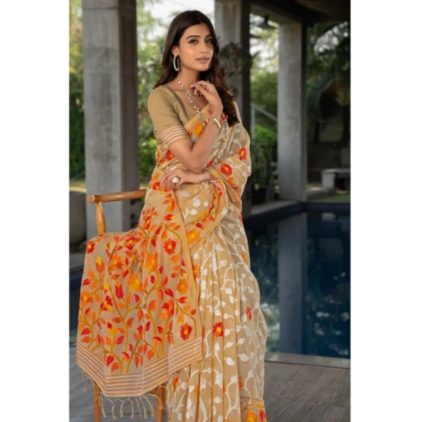  Women's Cotton Printed Saree With Unstitched Blouse (Beige, 5-6 Mtrs) - Image 3