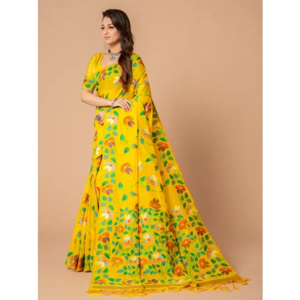  Women's Cotton Printed Saree With Unstitched Blouse (Yellow, 5-6 Mtrs) - Image 2