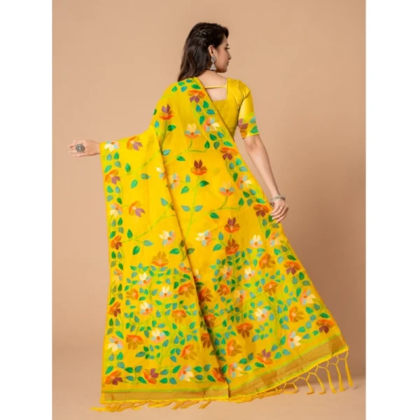  Women's Cotton Printed Saree With Unstitched Blouse (Yellow, 5-6 Mtrs) - Image 3