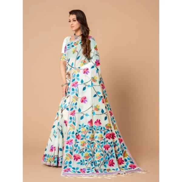  Women's Cotton Printed Saree With Unstitched Blouse (White, 5-6 Mtrs) - Image 4