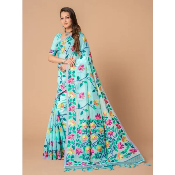  Women's Cotton Printed Saree With Unstitched Blouse (Sky Blue, 5-6 Mtrs) - Image 3