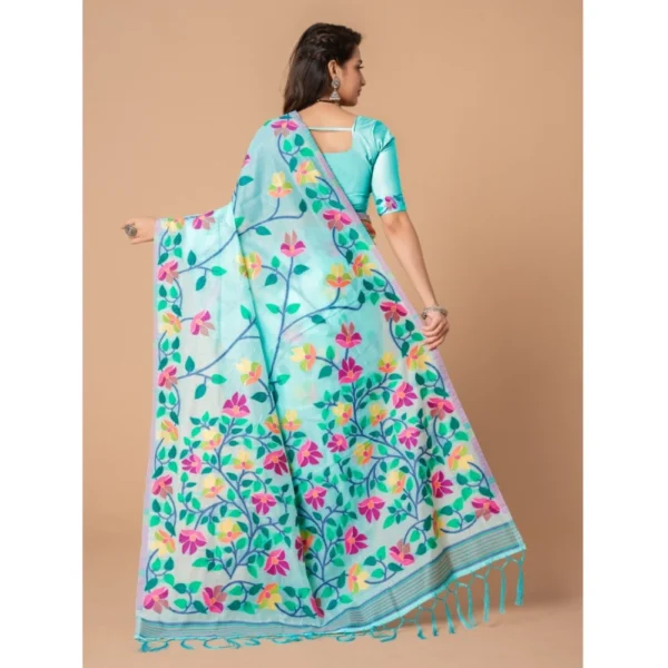  Women's Cotton Printed Saree With Unstitched Blouse (Sky Blue, 5-6 Mtrs) - Image 4