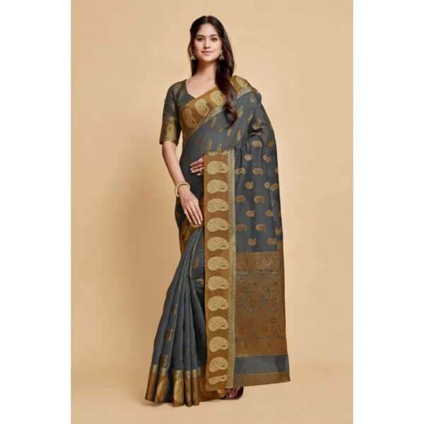  Women's Chanderi Cotton Printed Saree With Unstitched Blouse (Grey, 5-6 Mtrs) - Image 2