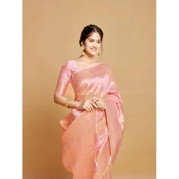  Women's Linen Printed Saree With Unstitched Blouse (Pink, 5-6 Mtrs) - Image 4