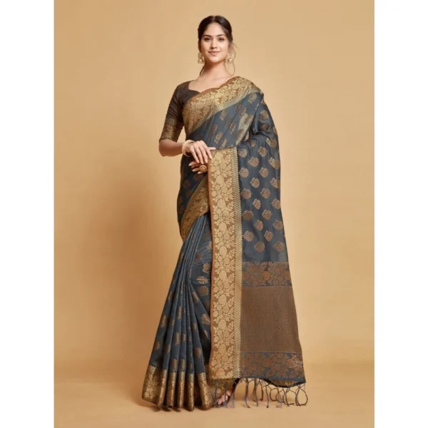  Women's Chanderi Cotton Printed Saree With Unstitched Blouse (Grey, 5-6 Mtrs) - Image 2