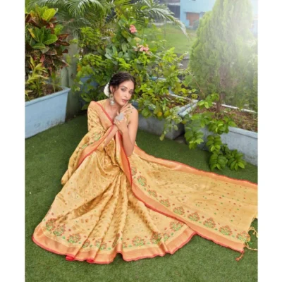  Women's Organza Printed Saree With Unstitched Blouse (Beige, 5-6 Mtrs)