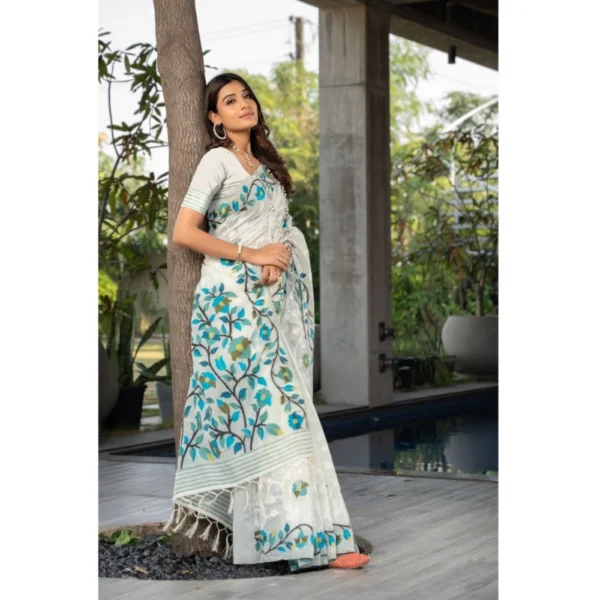 Women's Cotton Printed Saree With Unstitched Blouse (White, 5-6 Mtrs) - Image 4