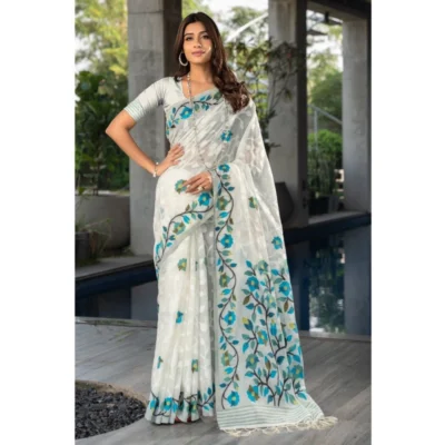  Women's Cotton Printed Saree With Unstitched Blouse (White, 5-6 Mtrs)