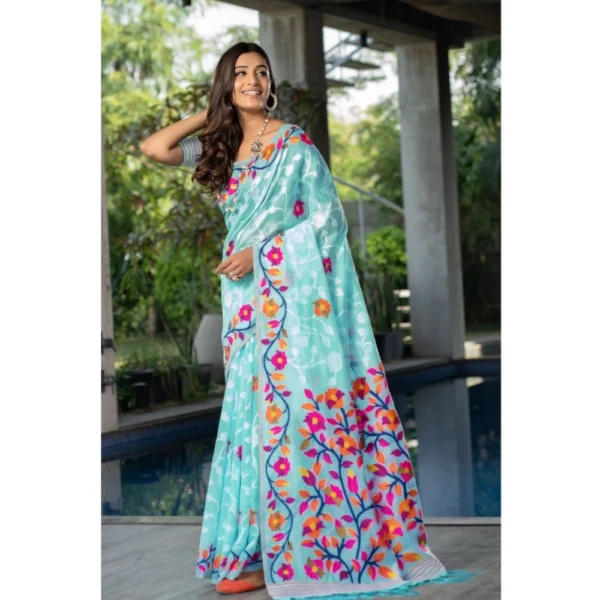  Women's Cotton Printed Saree With Unstitched Blouse (Sky Blue, 5-6 Mtrs) - Image 2