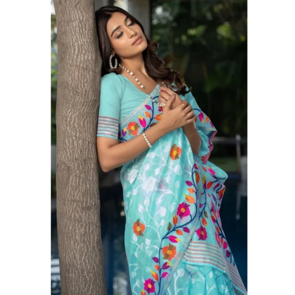  Women's Cotton Printed Saree With Unstitched Blouse (Sky Blue, 5-6 Mtrs) - Image 4