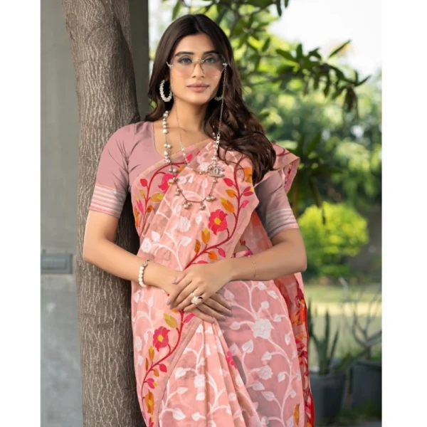  Women's Cotton Printed Saree With Unstitched Blouse (Peach, 5-6 Mtrs) - Image 4